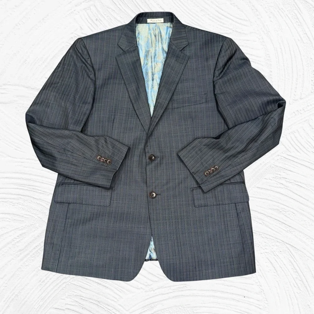 Sartoria Tosi 42R Hand Made Italy Super 150s/Silk Blazer Gray Blue Pinstripe